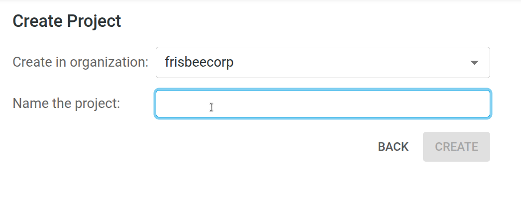 Screenshot of the Create Project dialog where you enter the project name